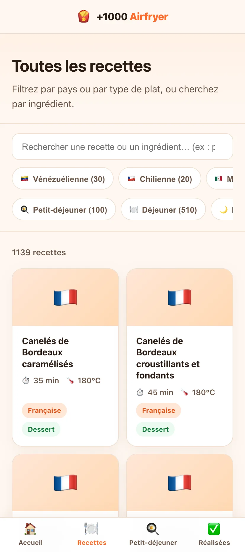 Liste des recettes avec filtres par catégorie et par repas