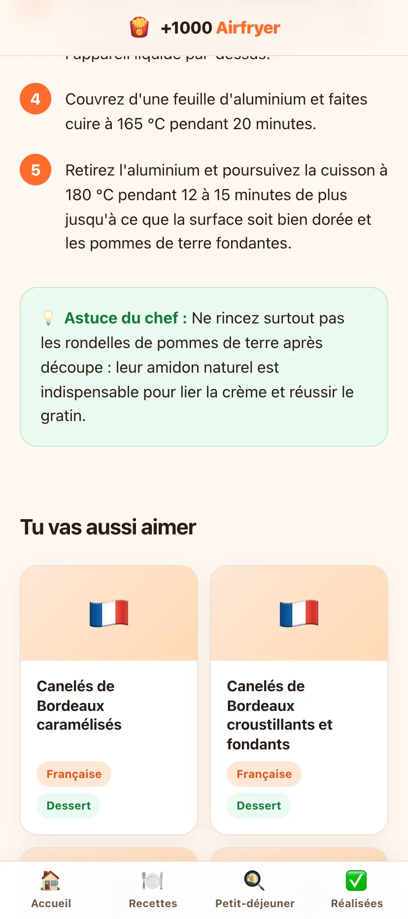 Étapes numérotées et conseil de la cheffe