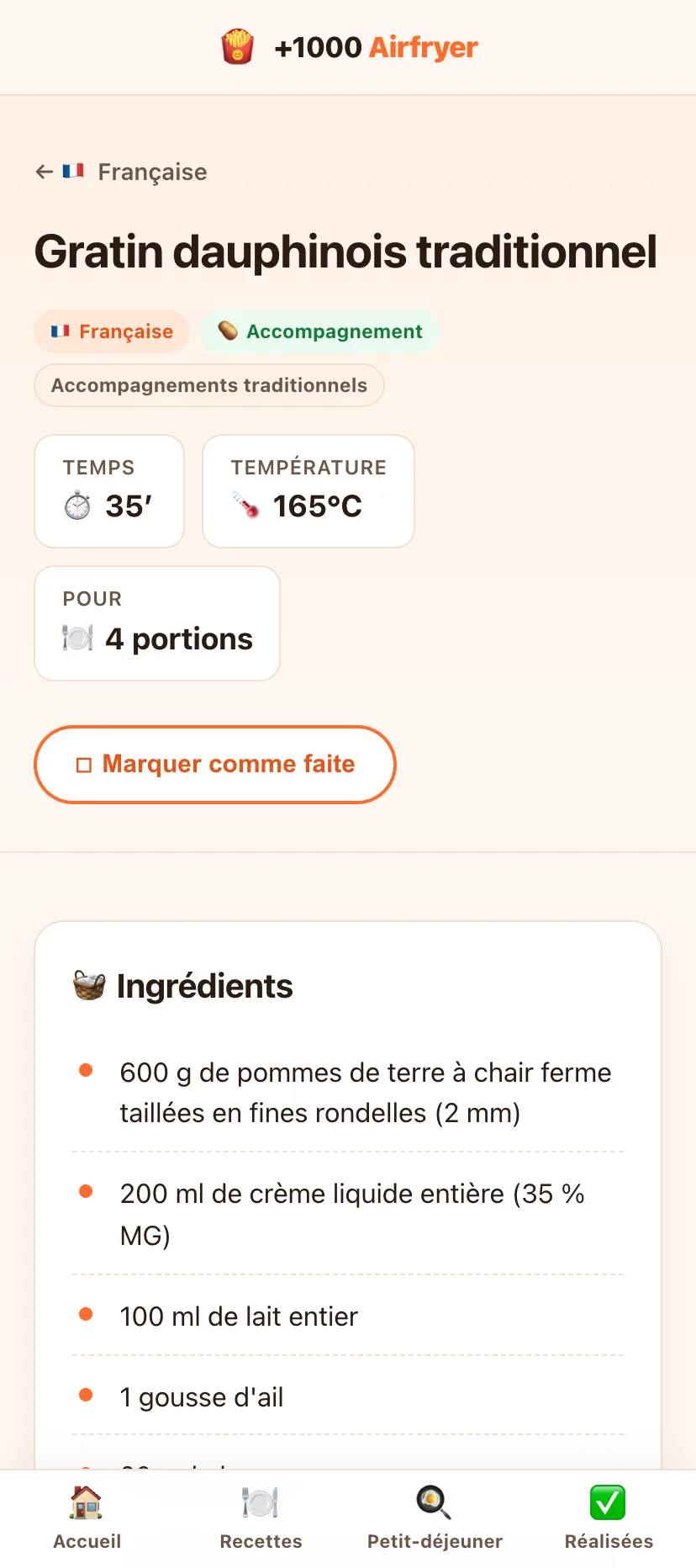 Fiche recette avec temps, température, portions et ingrédients