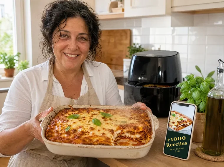 Chef Aurora avec des lasagnes tout juste sorties de la friteuse à air et le livre de recettes sur son téléphone